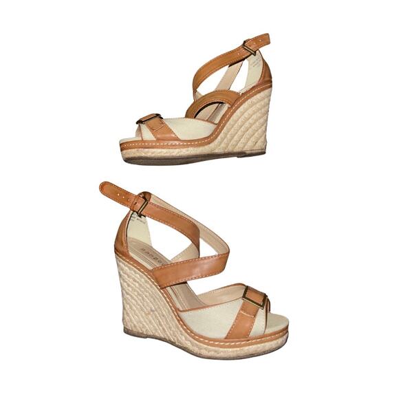 Bamboo Buckle Ankle Cross Strap Woven Wedge Peep Toe Size 6 Espadrille - Picture 1 of 7